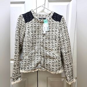 ARK & CO Women’s Tweed Knit Fringe Snap-Up Lined Collarless Blazer Jacket Small